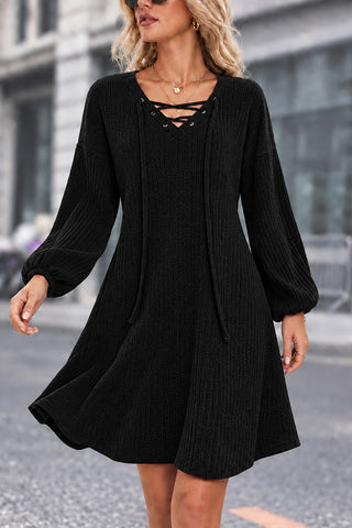 V Neck Cross Tie Lantern Sleeve Knitted Dress