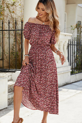 Resort Style Floral Print Off The Shoulder Dress
