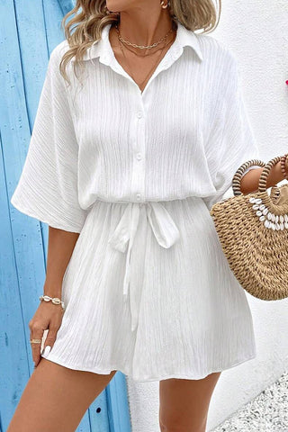 Solid Color Lapel Tie Waist Casual Romper