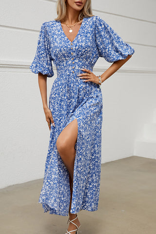 V Neck Floral Print Slit Design Maxi Dress