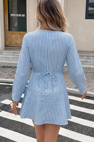 Stripe Print Round Neck Tie Back Mini Dress