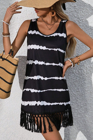 Color Block Tassel U Neck Sleeveless Mini Dress
