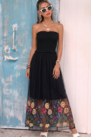 Smocked Bandeau Mesh Floral Embroidered Dress