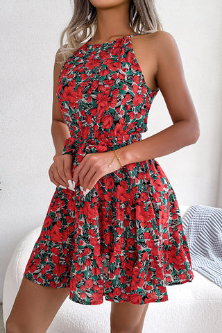 Floral Print Halter Neck Tie Waist Mini Dress