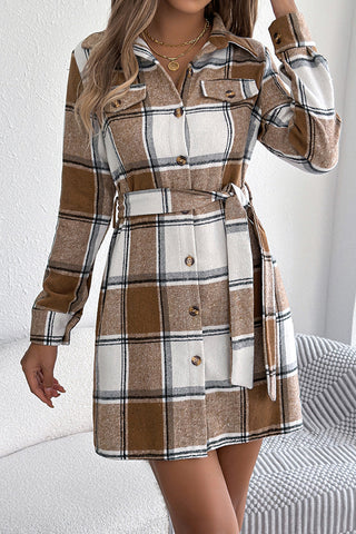 Plaid Print Lapel Button Tie Waist Shirt Dress