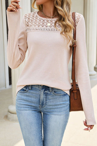 Lace Patchwork Solid Long Sleeve Casual Top