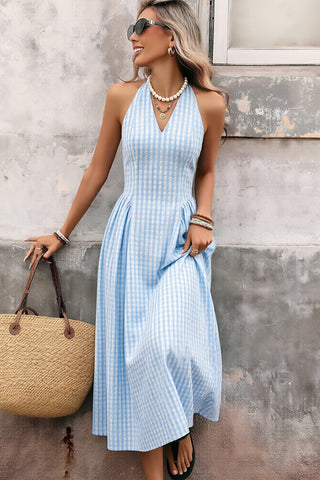 Plaid Print Halter Neck Sleeveless Maxi Dress