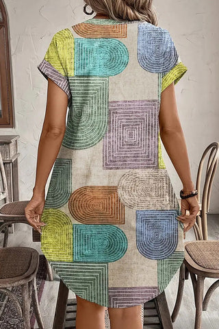 Color Block V Neck Printed Button Casual Dress