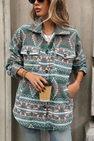 Fashion Printed Lapel Pocket Tweed Coat