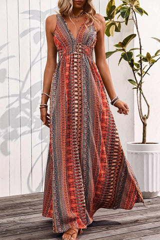 Fashion V Neck Printed Slit Design Maxi Dress