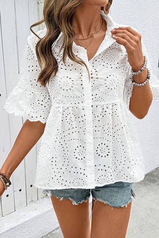 Solid Color Embroidered Cutout Collar Shirt