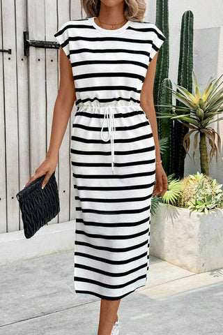 Stripe Print Tie Waist Slit Design Dress