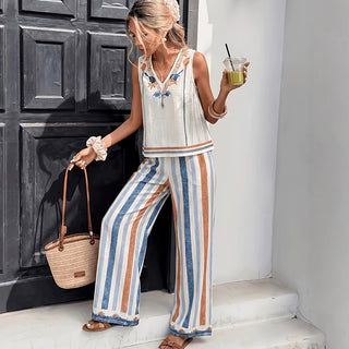 Bohemian Style V Neck Color Block Two Piece Set