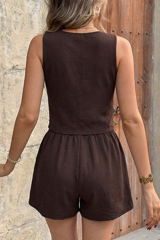 V Neck Solid Tie Front Cutout Two Piece Set