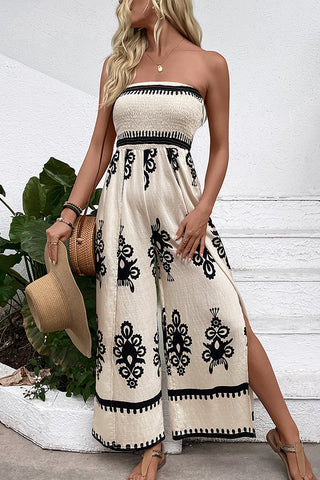 Smocked Bandeau Printed Slit Design Jumpsuit