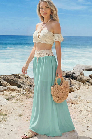 Fashion Crochet Hollow Chiffon Dress Two Piece Set