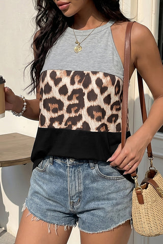 Retro Leopard Print Color Block Casual Top
