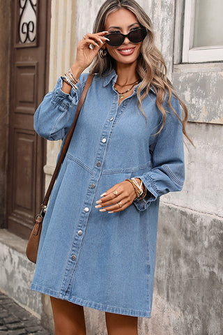 Solid Color Lapel Button Loose Denim Dress