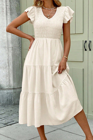 V Neck Smocked Solid Color Casual Dress