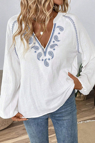 Fashion V Neck Embroidery Casual Top
