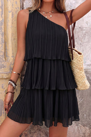 Fashion Solid One Shoulder Tiered Hem Dress