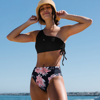 One Shoulder Drawstring Side Printed Bikini Set