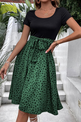 Dots Print Patchwork Tie Waist Dress
