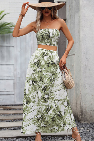 Smocked Bandeau Floral Print Two Pieces Dress
