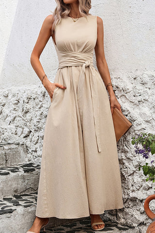 Fashion Solid Color Tie Waist Casual Dress