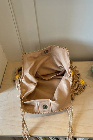 Color Block Flower Design Hollow Weave Bag
