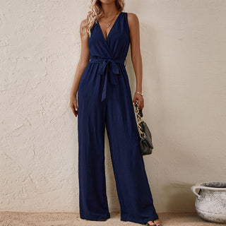 V Neck Solid Color Tie Waist Casual Jumpsuit
