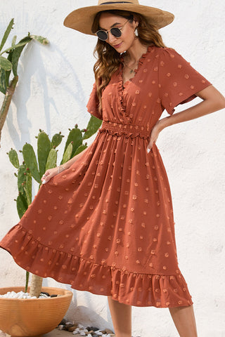 Solid Color V Neck Frill Smocked Waist Dress