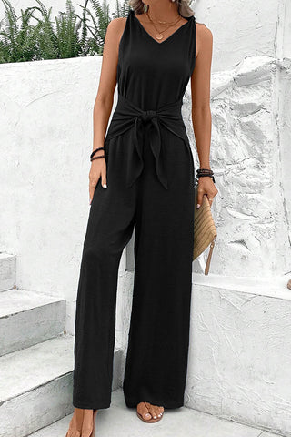 V Neck Solid Knot Front Casual Jumpsuit