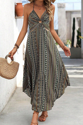Ethnic Style Printed Cutout Halter Neck Dress