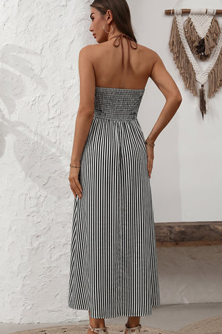 Stripe Print Color Block Deep V Neck Dress