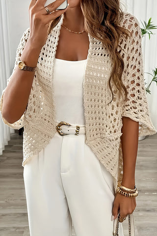 Solid Color Crochet Hollow Open Front Cardigan