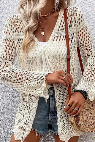 Solid Color Crochet Hollow Long Sleeve Cardigan