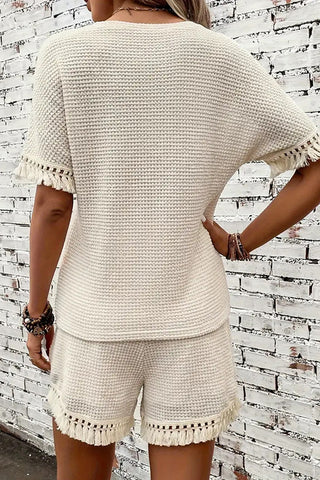 Solid Color Round Neck Tassel Two Piece Set