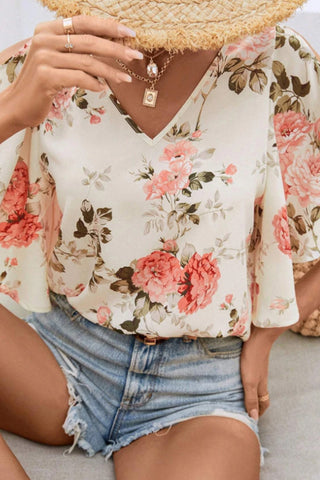 Floral Print Off-Shoulder V Neck Casual Top