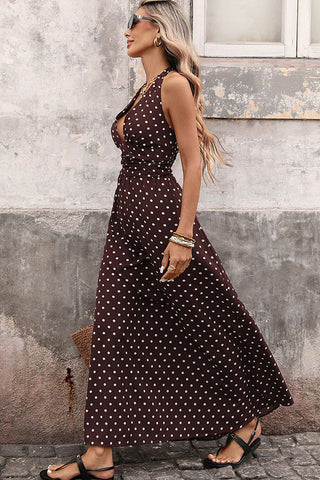 Deep V Neck Dots Print Retro Halter Neck Dress