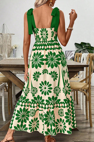 Boho Style Printed Tie Shoulder Smocked Back Dress