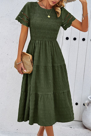 Solid Color Smocked Round Neck Casual Dress