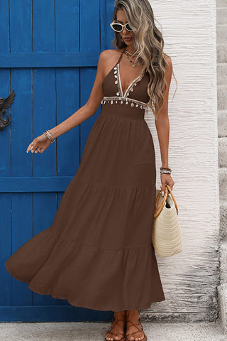 Color Block Shell Decoration Halter Neck Dress