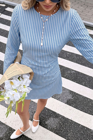 Stripe Print Round Neck Tie Back Mini Dress