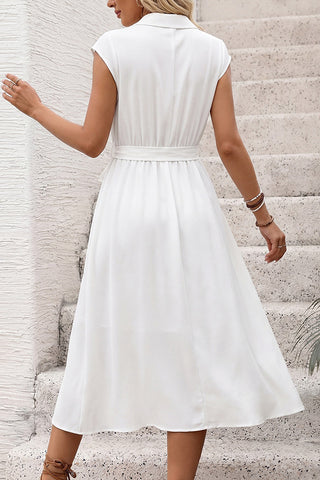 Solid Color Lapel Tie Waist Casual Dress