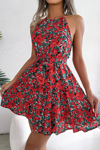 Floral Print Halter Neck Tie Waist Mini Dress