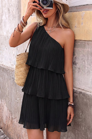 Fashion Solid One Shoulder Tiered Hem Dress