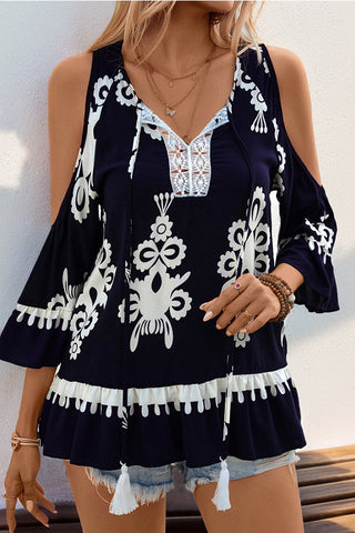 Retro Style Off-Shoulder Printed Lace Patchwork Top