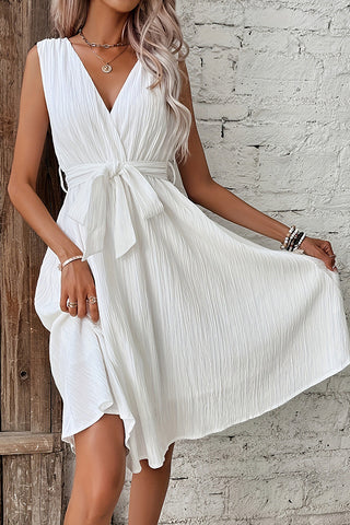 V Neck Solid Color Tie Waist Casual Dress