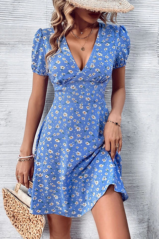 Fashion Floral Print V Neck Casual Dress